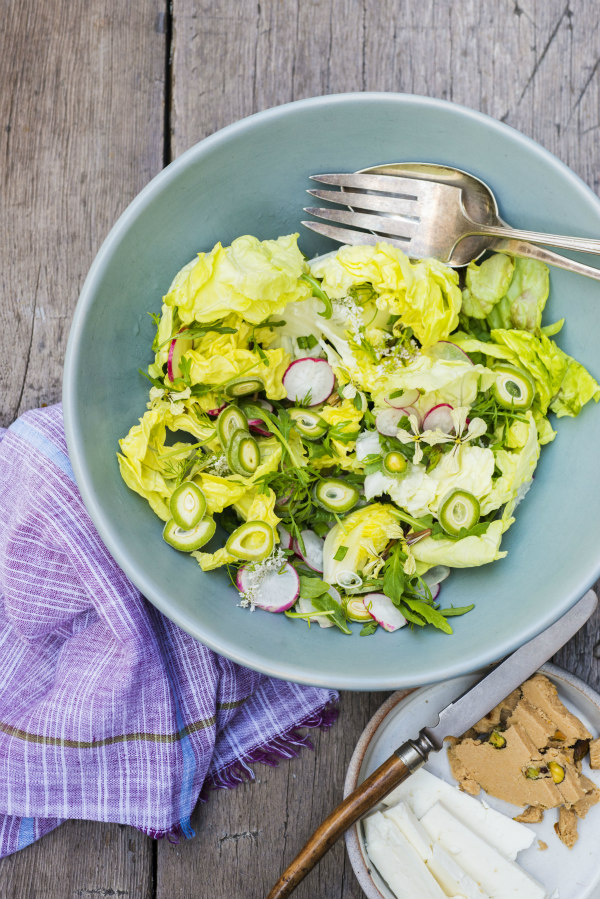 Herb Salad with Feta Cheese, Halvah, and Green Almonds 